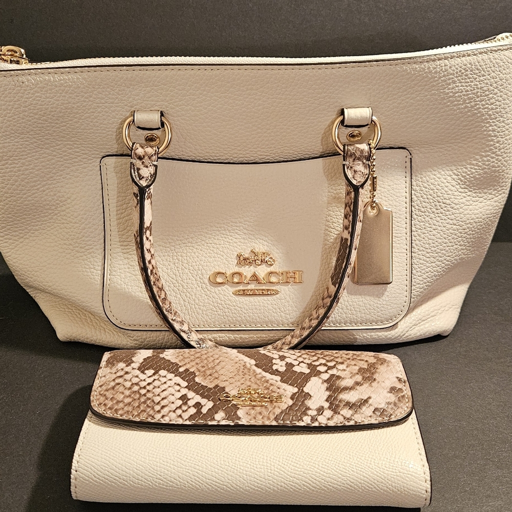 Coach Cream Leather Tote with Snake-Print Trim and Gold Hardware